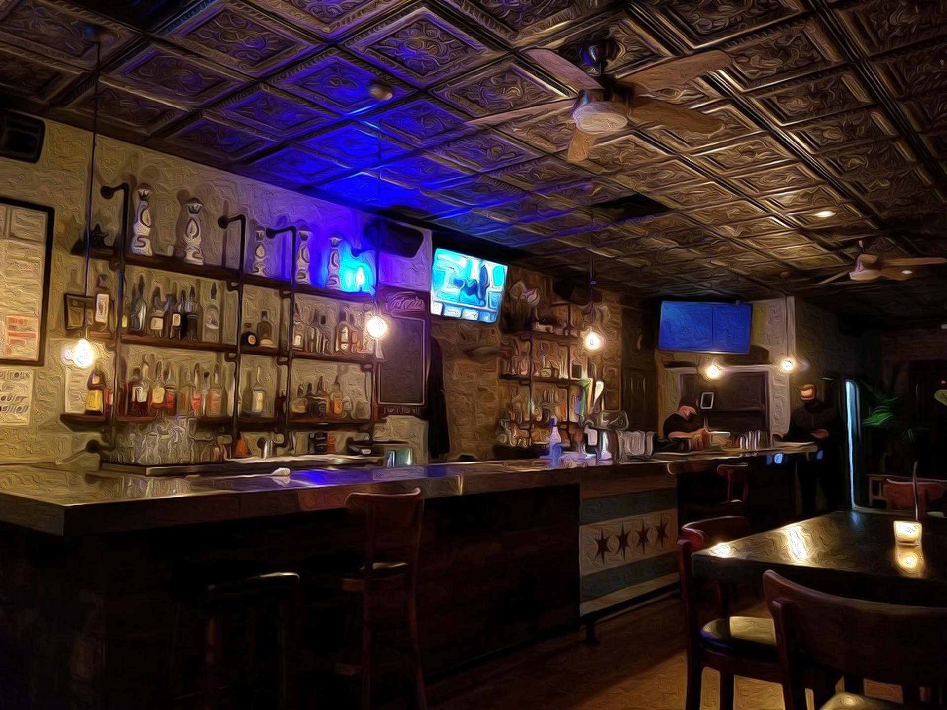 Inside Bluelight Chicago: the bar, back-bar shelves and tin ceiling